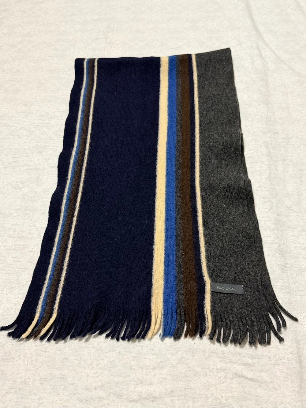 Paul Smith Men’s 100% Wool Striped Scarf Navy Gray Blue Brown Cream Fringe
